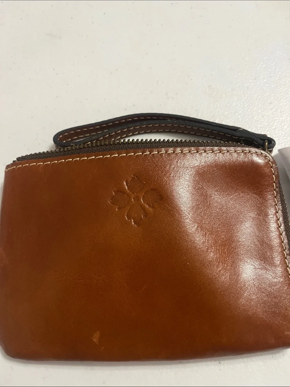 Patricia Nash Leather Zip Wristlet Pouch in Brown Cognac floral